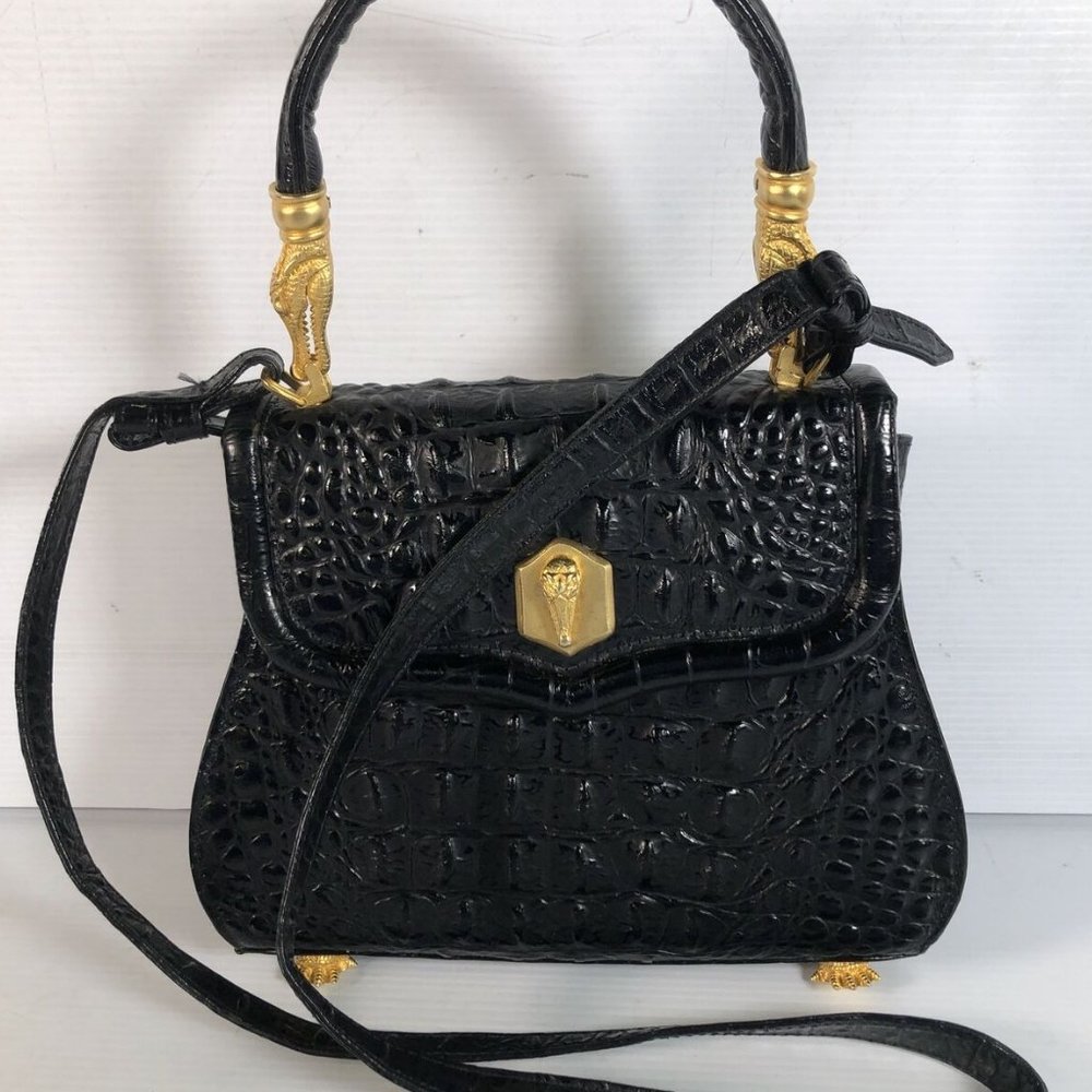 Barry Kieselstein Womens Trophy Bag Black Gator Leather Pockets Clasp Closure